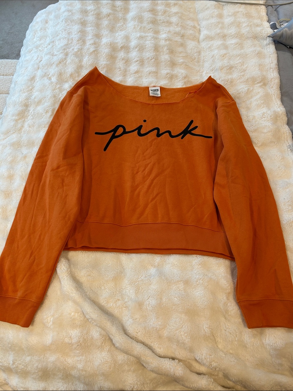 PINK Victoria's Secret Orange Cropped Sweatshirt with Black Script Logo